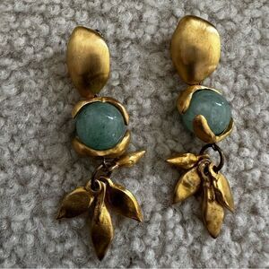 Vintage Lazuli Gold and Green Leaf Earrings